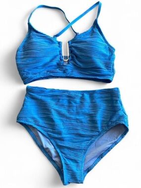 Blue Textured High-Waist Bikini Set